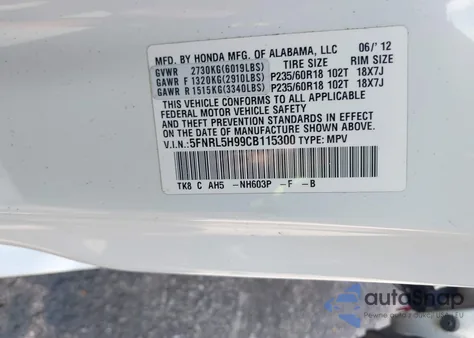 2012 Honda Odyssey Touring/Touring Elite from USA, damaged, VIN 5FNRL5H99CB115300
